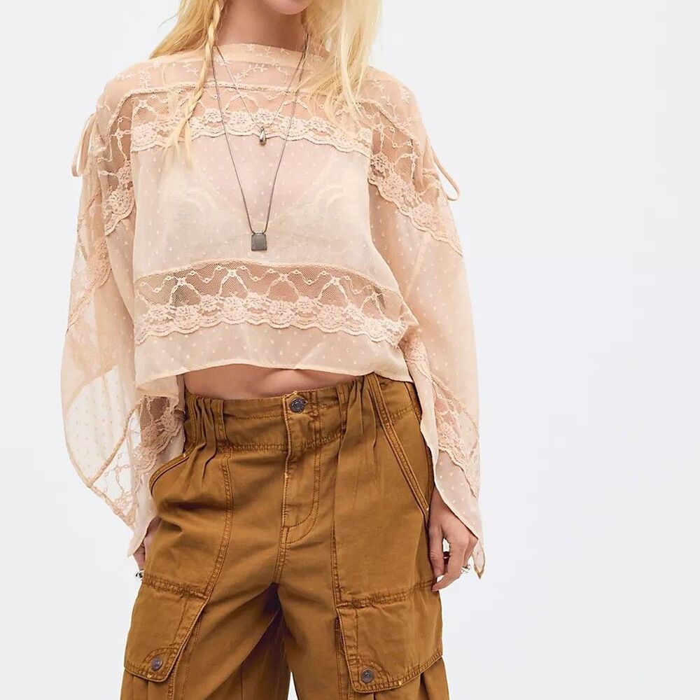 Free People Sofia Cape Blouse Top Sheer Floral Lace Embroidered Ruched XS 292096